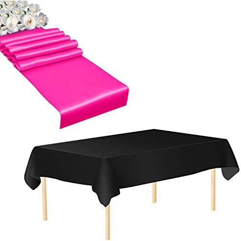 Trimming Shop Lot de 3 chemins de table jetables noirs en plastique imperméable et lot de 3 chemins de table en satin fuchsia pour anniversaire, mariage, fête de Noël