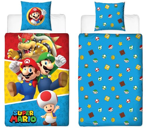 Familando – Super Mario Bettwäsche Set Splitter (2-teilig) – Decken- & Kissenbezug 135x200 cm & 80x80 cm mit Reißverschluss – Wendemotiv mit Mario, Luigi, Bowser & Toad – Öko-Tex Zertifiziert