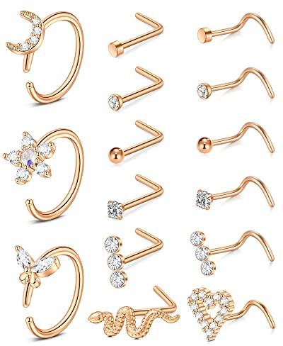 Mayhoop 18G Nasenpiercing Nasenringe Hoops Nasenstecker für Nasenpiercing Chirurgenstahl Rosegold Nostril Piercing Schmuck für Damen Herren 15St