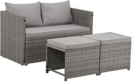 Juskys 2in1 Polyrattan Relax Gartenmöbel Set Jamaika - Tisch, Gartenlounge Sofa - Balkonmöbel Sitzgruppe für Balkon, Garten - Outdoor Lounge grau-meliert