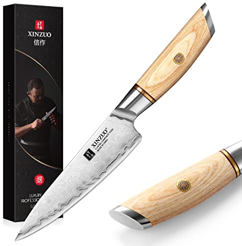 XINZUO 13cm Coltello Universale da Cucina Acciaio Composito Professionale Multifunzione Coltello Multiuso Acciaio Inossidabile -Manico in Legno di Pakka -con Confezione Regalo