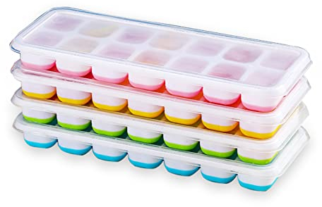 RUNMKUO 4 Piezas Cubiteras para Hielo con Tapa,Moldes de Silicona sin BPA,Hielo para Congelarse Alimentos para Bebés, Agua, Cola, Cócteles, Whisky