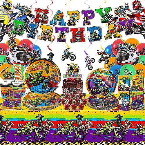 Ywediim Forniture per feste di compleanno per moto da cross, striscioni, piatti, tovaglioli, tovaglie, decorazioni per feste per sport estremi in motociclette per ragazzi Servire 20 ospiti (Set B)