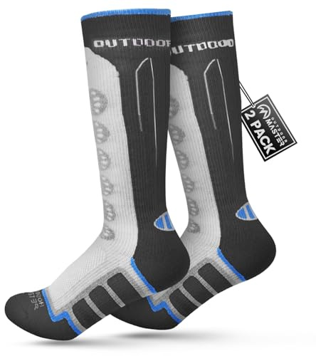 OutdoorMaster Calcetines de esquí para niños, paquete de 2 calcetines térmicos de compresión de invierno de lana merino, puños antideslizantes sobre la pantorrilla