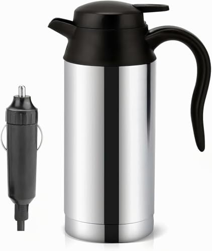 Honiwu Wasserkocher Auto, 750ml 12v Elektrischer Wasserkocher, Reise Wasserkocher Edelstahl, mit Zigarettenanzünder, für Fernverkehr Autofahrt Camping im Freien