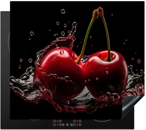 KitchenYeah© Cubre Vitrocerámica - Protector Vitroceramica Induccion 60x52 cm - Tapa Vitroceramica - Protector de Vitroceramica Cerezas - Rojas - Fruta - Agua - Negro