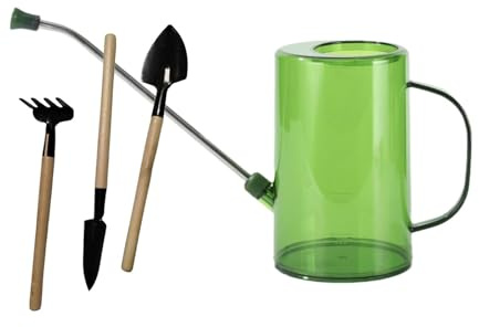 Folpus Regadera Pequeña con Largo de Acero Inoxidable, 1L/34oz, con 3 Uds. de Herramientas de Jardinería para Flores Bonsái, Verde