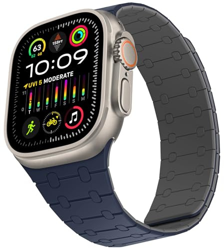 ZZDZZ Compatible avec Bracelet Apple Watch 49mm 46mm 45mm 44mm 42mm 41mm 40mm 38mm, Bracelet Silicone Magnétique pour iWatch SE Ultra 3/2/1 Série 11 10 9 8 7 6 5-1 (42/44/45/46/49, Bleu Foncé/Gris)