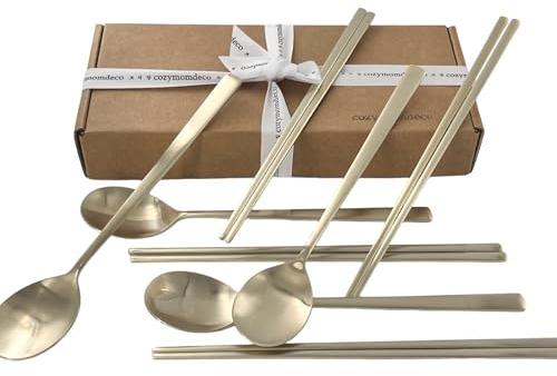 cozymomdeco Korean Made Traditional Utensil Chopstick Set Flatware Champagne Gold Stainless Steel Spoon & Chopsticks Comfortable Grip