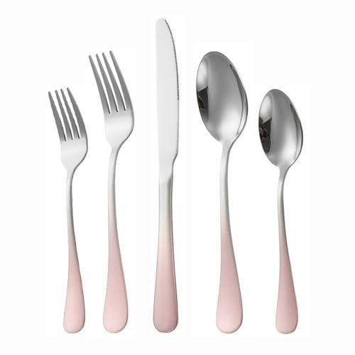 Thickened Gradient Color Handle Kitchen Stainless Steel Silverware Tableware Flatware Cutlery Set Steak Knife Fork Spoon Teaspoon (Gradient pink silver,5 pieces)