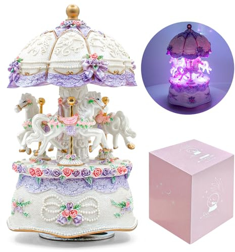 AttoShow Carousel Music Box，Luxury Color Change LED Light Music Box,Luminous Rotating 3-Horse Musical Box with Gift Box for Girls Birthday Valentine Gift (Castle in The Sky, Purple)