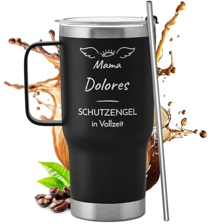 Maverton Personalisierter Thermobecher mit Griff 600 ml - schwarzer Trinkbecher mit Deckel und Strohhalm - Edelstahl Kaffeebecher to go 100% dicht - Mama Geschenk - Personalisierte Geschenke