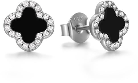 Evensee 925 Silber Schwarzer Onyx Kleeblatt Ohrringe für Damen | Schwarzer Onyx Kleeblatt Ohrringe,925 Silber,Hypoallergen,Rhodiniert,Geschenk für Damen,Geburtstag,Valentinstag