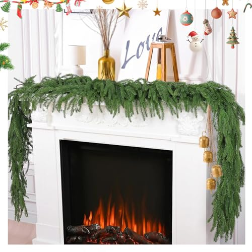 9FT Realistic Cedar Christmas Garland,Real Touch Norfolk Pine Garlands for Xmas Home Decoration Indoor Stairs Railing Fireplace Outdoor Garland Door Decor for Home Wedding Fireplace Party Christmas