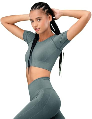 FOCENZA Top Sportivo Donna a Maniche Corte, Crop Top Effetto Push Up in Microfibra Morbida e Traspirante, Made in Italy (Ottanio, s/m)