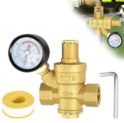Riisoyu Riduttore di pressione acqua 1/2 pollice DN15, Riduttore Pressione Acqua Valvola di Riduzione Della Valvola di regolazione regolatore pressione acqua regolabile con Manometro Pressione Acqua