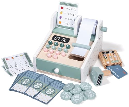 Donmills Registratore di cassa giocattolo in legno per bambini, giocattoli Montessori in legno per lo shopping dei più piccoli, registratore di cassa per bambini con scanner e cassetto, giocattolo