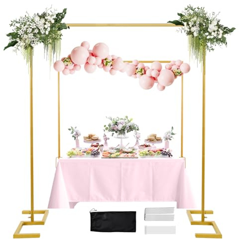 8.2FT Square Arch Backdrop Stand,Metal Gold Backdrop Stand Heavy Duty Adjustable,Extra 2 Clamps Change Over The Table Rod Stand,Wedding Balloon Arch Stand for Valentine Parties Decoration