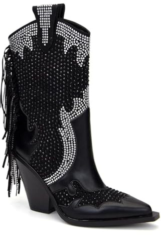 Feinlina Bottes à bout pointu pour femme - Talon bloc - Tige mi-longue - Large zone du mollet - Décorées de strass - Bottes de cowboy western avec pompon, Noir , 39 EU
