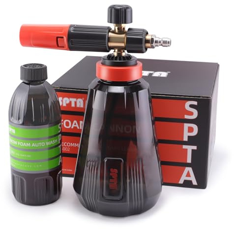 SPTA PRO Foam Cannon (Thicker Snow Foam Technology) with 1/4 Inch Quick Connector for Pressure Washer (Wide Mouth), 34 Oz Bottle (1/4 Quick Connector) with Adjustable Thick Foam+16Oz Car Wash Soap