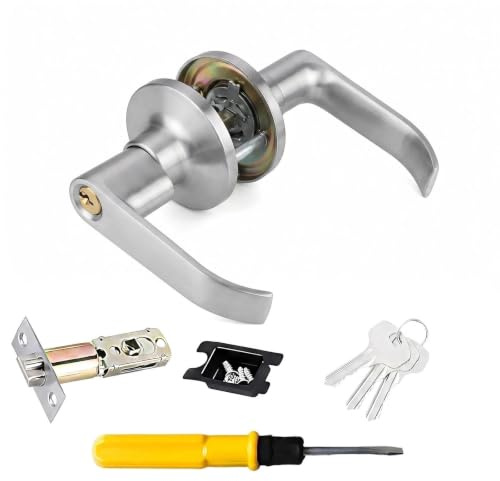 Plumaire Door Handle Lock with Keys, Security Door Lock Set, Reversible Doors Handles, Bedroom Doors Locks, Security Locks Set, with Screwdriver, for Bedroom, Bathroom, Kitchen, Office, Silver