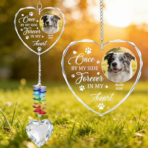 Umitive Personalized Pet Memorial Suncatcher with Photo & Text, Custom Dog Memorial Gifts for Loss of Dog, Pet Loss Sympathy Gift, Heart-Shaped Hanging Crystal Ornament for Home Dec (A)