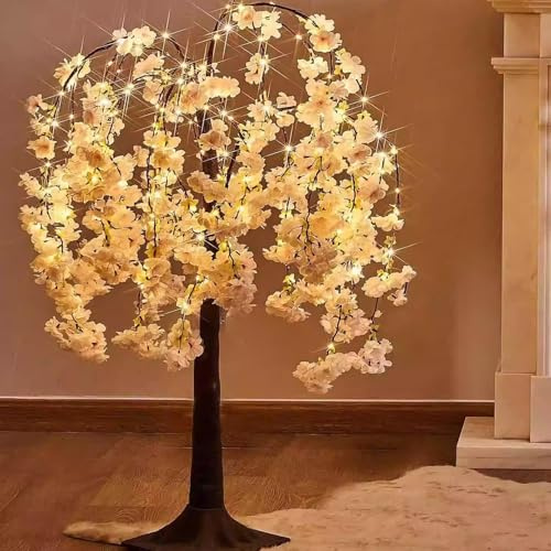 Árbol de cerezo artificial con ramas ajustables y luces para decoración del hogar, planta sintética de interior para oficina y restaurante, 1,2 m a 2,1 m de altura