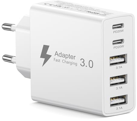 USB-C laddare 50 W, 5 portar iPhone-laddare snabbladdning PD&QC3.0, USB-C-kontakt multi-vägg-mobiladapter, snabbladdare för iPhone 17 16 16e 15 14 13 12 11 Pro XS, Galaxy S26 S25 S24