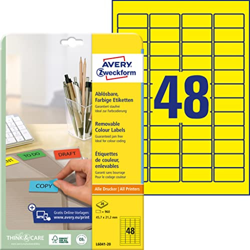 AVERY Zweckform L6041-20 Gelbe Etiketten (960 Aufkleber, 45,7x21,2mm auf A4, wieder rückstandsfrei ablösbar, selbstklebende Farbetiketten, Papier matt, bedruckbare, farbige Klebeetiketten) 20 Blatt