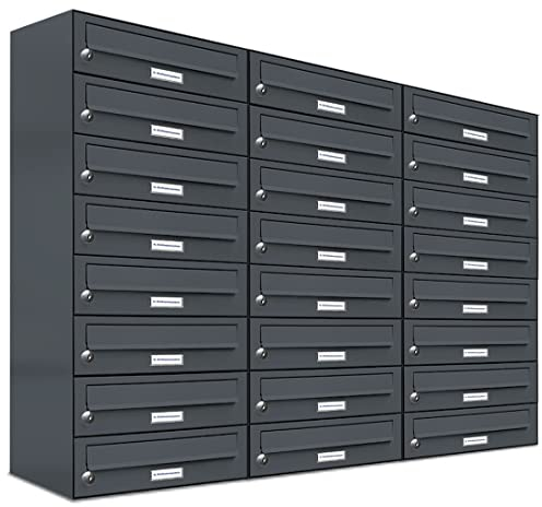 AL Briefkastensysteme 24er Briefkastenanlage Anthrazit Grau RAL 7016, Premium Briefkasten DIN A4, 24 Fach Postkasten modern Aufputz