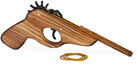 Relaxdays Pistola Spara Elastici, Arma Giocattolo in Legno, con 5x Gommini, Divertente Gioco Bambini, Esterno, naturale