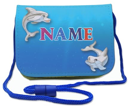 Kinder Brustbeutel mit Name, Delfin | Personalisiert, Schriftartwahl, Klettverschluss, Schnur zum Umhängen, Klarsichtfach