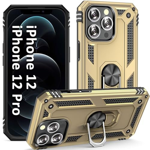 ADDIT iPhone 12/12 Pro Case - Military Grade Shock Absorption Bumper Cover with Anti-Scratch Protection, Ring Car Mount Kickstand - Gold