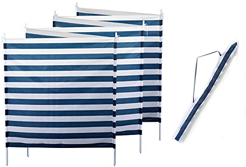 ELLUG Windschutz Sichtschutz Sonnenschutz blau weiß gestreift 6m*1,2m, 7 Stahlstangen für Strand Camping Garten Balkon