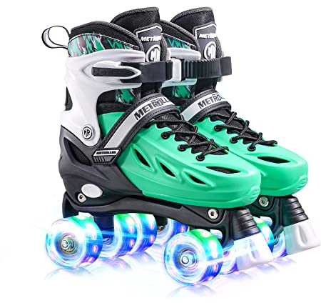 METROLLER Roller Skates for Girls Ages 5-8 8-12 and Boys Teens, Adjustable 4 Sizes for Kids Toddler Rollerskates with Light up Wheels, for Women (Green, Small-Little Kid (11j-1 US))