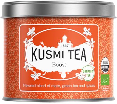 Kusmi Tea - Boost Bio - Thé Biologique - Mélange Aromatisé de Maté, Thé Vert et Épices - Cannelle, Cardamome et Gingembre - Recette Tonique - Boîte Thé Métal 100g - Quantité pour environ 50 Tasses
