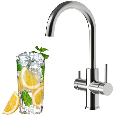 AORA® | URBAN INOX 4 Wege Wasserhahn aus Edelstahl | 360° drehbare Küchenarmatur aus massiven 304 Edelstahl | Spültischarmatur für Wasserfilter, Osmoseanlagen | Wasserfilter Wasserhahn | (C-Auslauf)