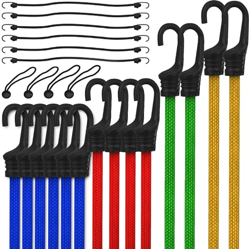 FORTEM Bungee Cord Assortment, 24pk Bungee Cords Multi Pack, Jar Includes 10, 18, 24, 32, 40 Bungees and 8 Canopy/Tarp Ball Ties, Plastic Coated Metal Hooks