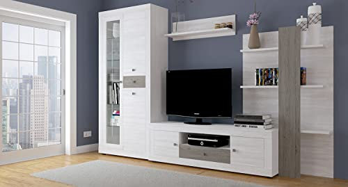 PEGANE Ensemble de Salon Meuble TV +1 étagère Murale + Armoire avec LED + bibliothèque Coloris pin Andersen, pin Gris