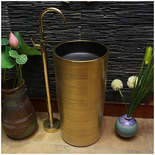 ZTGL Design Standwaschbecken in Gold, aus Kaolin-Rohstoffe, Standwaschtisch, Waschtisch, Rund Waschbecken aus Keramik Und Sockel-Badezimmer 40x40x82 cm