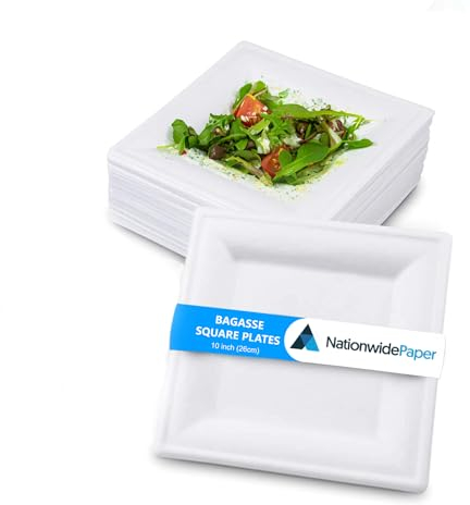 NationwidePaper 10 Inch Biodegradable Square Paper Plates, Bagasse White Disposable Plates, Strong Party Plates (100 Pcs)