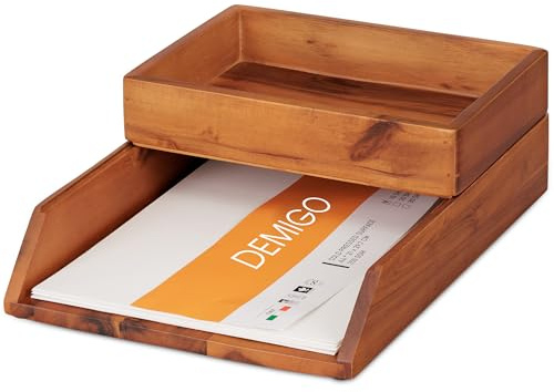 Demigo Desk Organizer Letter Tray Set of 2, Acacia Wood Tabletop Desktop for Storage Paper Letter Folders Notebooks Copy Print, Workspace Holder, Keep Stationery Saver (Brown)