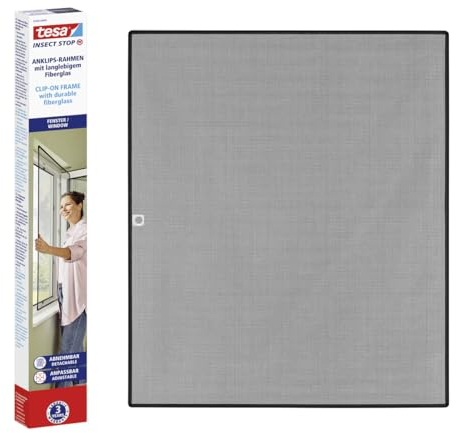 tesa Insect Stop Clip on - Fliegengitter zum Einklicken in PVC-Fenster - zuschneidbarer Rahmen, Netz aus langlebigem Fiberglas, Selbstklebende Halte-Klips - 1 x 1,2 m - Anthrazit