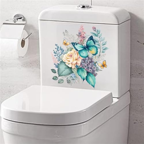 Autocollant pour siège de toilette - Motif papillon et fleurs - Autocollant imperméable - Autocollant de salle de bain - Pour couvercle de toilette - Accessoires de salle de bain