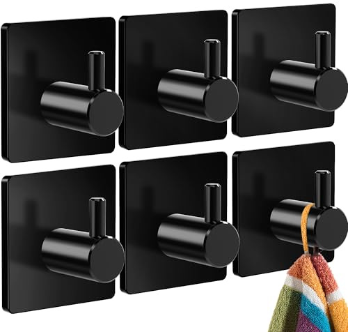 4happy Set mit 6 Handtuchhalter ohne Bohren, Klassisch, Fb. Schwarz | Edelstahl Klebehaken, wasserdichte Haken selbstklebend, praktische Handtuchhaken, Badezimmer Handtuchhalter