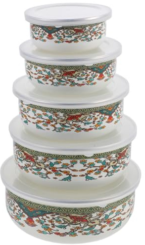 Alipis 5-Piece Enamel Soup Bowl Set with Transparent Lids Vintage Style Mixing Bowls for Serving Noodles Rice and Food Storage in Kitchen