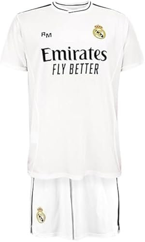 Real Madrid - Replica Oficial con Licencia - Camiseta y pantalón de la Primera Equipacion - Temporada 24/25 - NIÑO - PERSONALIZABLE (FR/ES, Edad, 14 años, Regular, Blanco)