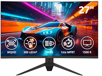 ODYS Gaming Monitor Q27-X - 27 Zoll (69 cm), Curved (1500R), 180 Hz, WQHD (2.560x1.440 px), 1ms Reaktionszeit (MPRT), HDR, FreeSync/G-Sync komp., Eye Care, HDMI, DP, 3,5mm Audio