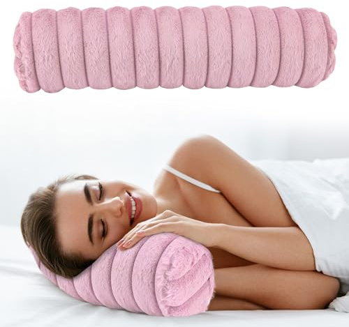 Beatvive Round Cervical Roll Cylinder Bolster Pillow, Cervical Neck Roll Sponge Pillow, Faux Fur Cylinder Pillows, Neck Pillow for Sleeping for Head, Neck, Back, and Legs (Pink)