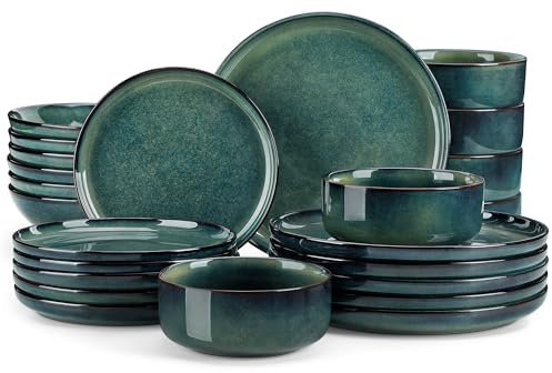 vancasso STARRY Set di Piatti per 6 Persone, Servizio da Tavola 24 Pezzi in Gres con Smalto Reattivo Verde, con 6 Piatti Piani, 6 Piatti da Dessert, 6 Piatti Fondi e 6 Ciotole per Cereali